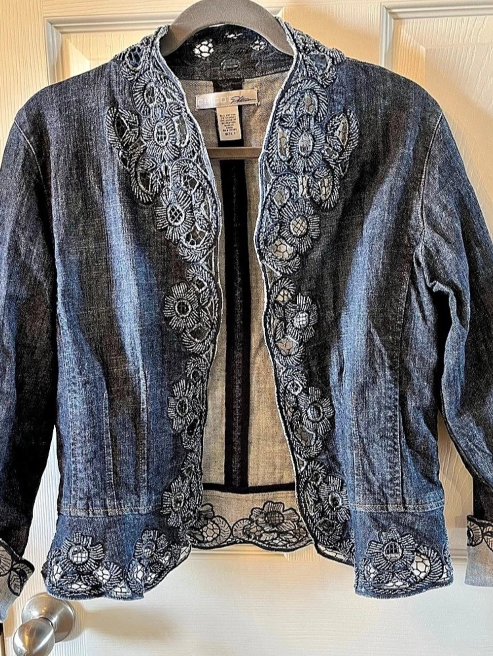 Chico's Beaded Embroidered Denim Jacket Size 1/ size 8/Med